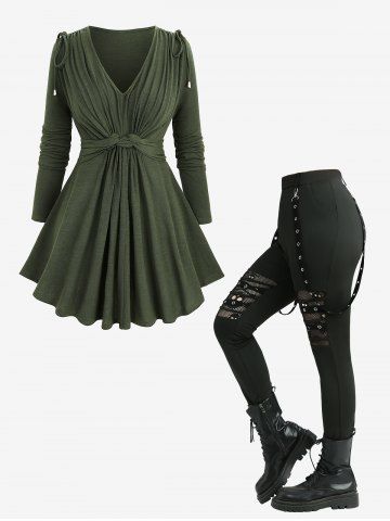 Cinched Twisted Solid Color Sweater and Skulls Hollow Out Fishnet Leggings Plus Size Outfit - DEEP GREEN