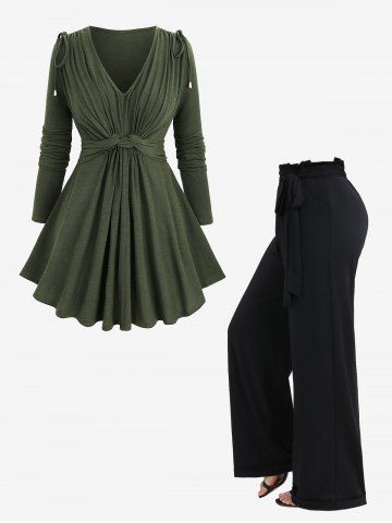 Cinched Twisted Sweater and Solid Color Waist Ruffles Wide Leg Pants Plus Size Outfit - DEEP GREEN