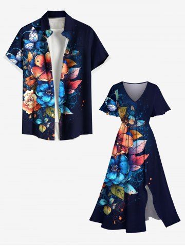 Flowers Leaf Butterfly Print Plus Size Matching Hawaii Beach Outfit For Couples - NAVY BLUE
