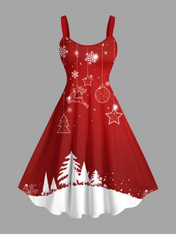 Plus Size Christmas Tree Ball Snowflake Elk Print A Line Tank Dress - RED - M