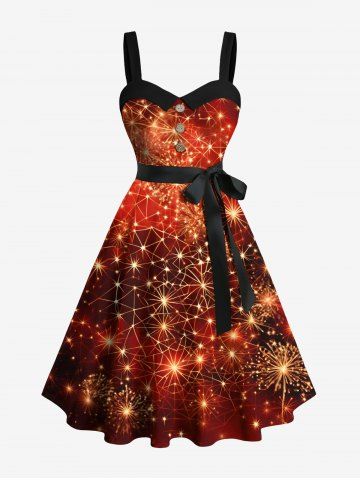 Plus Size Christmas Fireworks Spider Web Glitter 3D Print Buttons Turn Down Collar Dress With Belt - ORANGE - XS