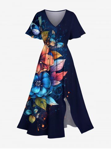 Plus Size Flowers Leaf Butterfly Print Split Hawaii Midi Dress - NAVY BLUE - XXS