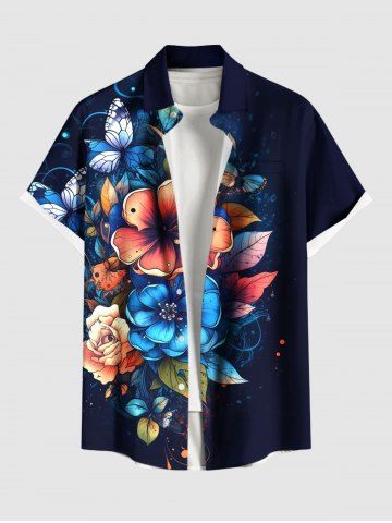 Plus Size Flowers Leaf Butterfly Print Buttons Pocket Hawaii Shirt For Men - GREEN - XL