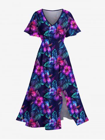 Plus Size Hibiscus Flowers Leaf Tropical Print Split Hawaii Midi Dress - NAVY BLUE - XXS