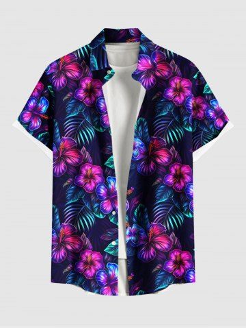 Plus Size Hibiscus Flowers Leaf Tropical Print Buttons Pocket Hawaii Shirt For Men - BLACK - 3XL