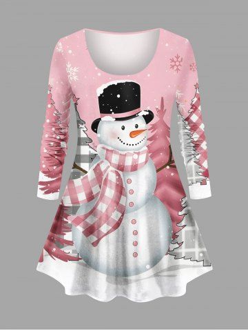 Plus Size Christmas Tree Snowman Snowflake Plaid Print T-shirt - LIGHT PINK - 2X