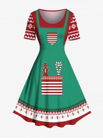 Plus Size Christmas Floral Pattern Gingerbread Candy Print Vintage Dress - GREEN - XS