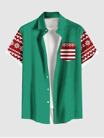 Plus Size Christmas Floral Pattern Print Buttons Pocket Shirt For Men - GREEN - 6XL