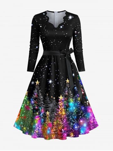 Plus Size Christmas Tree Ball Star Galaxy Glitter 3D Print Scalloped V Neck Dress With A Belt - BLACK - 3XL