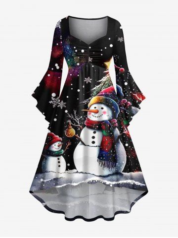 Plus Size Christmas Tree Ball Snowflake Snowman Print Ruched High Low Asymmetric Dress - BLACK - 5X