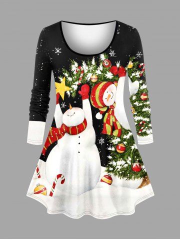 Plus Size Christmas Tree Ball Snowflake Snowman Candy Print Long Sleeves Women T-shirt - BLACK - 3X