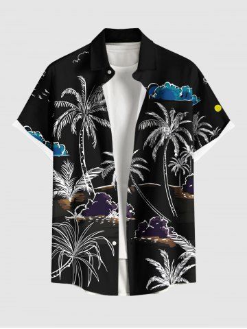 Plus Size Coconut Tree Cloud Moon Bird Print Buttons Pocket Hawaii Shirt For Men - BLACK - L