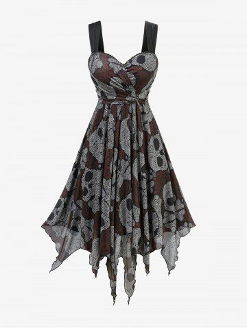 Plus Size Paisley Floral Print Surplice Twist Lace Trim Asymmetrical Tank Dress - BLACK - 4X | US 26-28