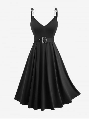 Plus Size Solid A Line Casual Dress with Removable Belt - BLACK - 1X | US 14-16