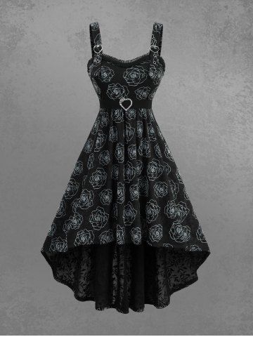 Robe asymétrique grande taille à imprimé rose floqué, coupe courte plus longue, avec ceinture amovible - BLACK - 2X | US 18-20