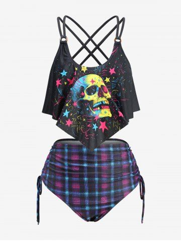 Maillot de bain tankini grande taille à imprimé gothique têtes de mort et étoiles, à carreaux, ourlet péplum cintré et bretelles croisées - BLACK - 1X | US 14-16