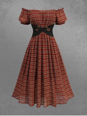 Robe grande taille à carreaux, volants, froncée, épaules dénudées et corset à lacets - RED - 1X | US 14-16