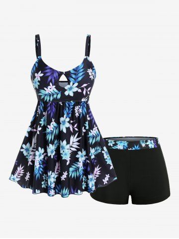Plus Size Ombre Flower Leaf Print Keyhole Boyleg Tankini Swimsuit - BLACK - M | US 10