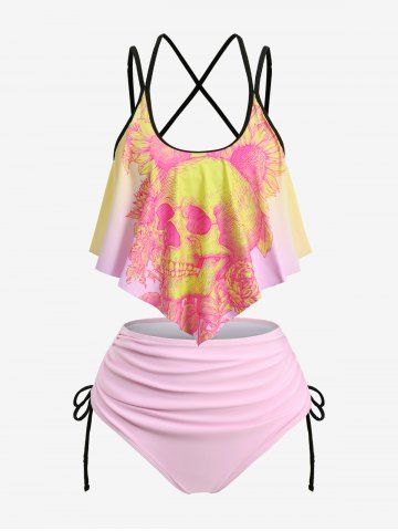 Plus Size Skull Sunflower Print Peplum Hem Crisscross Cinched Tankini Swimsuit - LIGHT PINK - 3X | US 22-24