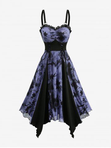 Tie Dye Flower Printed Ruched Lace Up Patchwork Handkerchief Cami Dress - BLACK - L