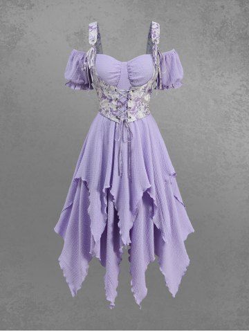 Gothic Plus Size Flower Printed Lace Up Corset Handkerchief Textured 2 in 1 Dress - PURPLE - 3X | US 22-24