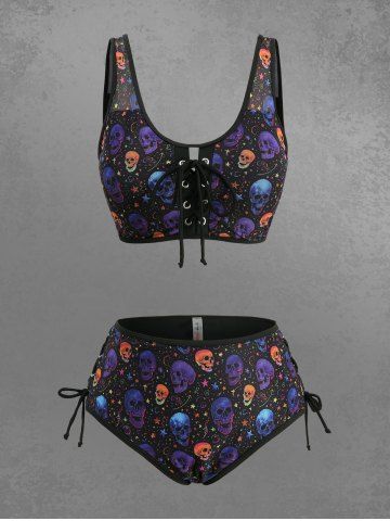 Gothic Plus Size Colorful Skull Stars Print Lace Up Tankini Swimsuit - BLACK - L | US 12