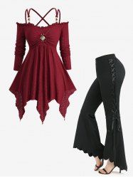 Jacquard Embroidered Crisscross Handkerchief Top and Lace Up Scalloped Hem Flare Pants Plus Size Outfit -  