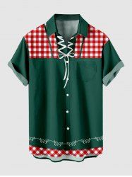 Plus Size Christmas Plaid Lace Up Print Button Pocket Shirt For Men -  