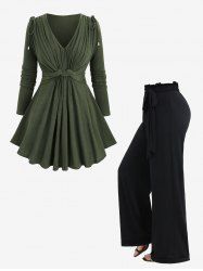 Cinched Twisted Sweater and Solid Color Waist Ruffles Wide Leg Pants Plus Size Outfit -  