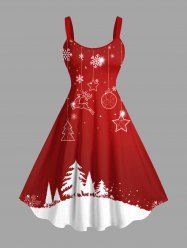 Robe débardeur trapèze grande taille à imprimé sapin de Noël, boules, flocons de neige et élan - Rouge 6X