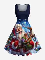 Robe vintage des années 50 à imprimé sapin de Noël, Père Noël, élan, bonbons, flocons de neige, grande taille - Bleu Marine S