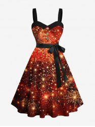 Plus Size Christmas Fireworks Spider Web Glitter 3D Print Buttons Turn Down Collar Dress With Belt -  