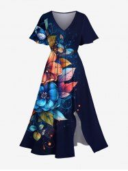 Robe mi-longue hawaïenne fendue à imprimé fleurs, feuilles et papillons, grande taille - Bleu Marine 6X