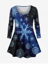 T-shirt de Noël grande taille à imprimé flocon de neige et galaxie - Bleu Marine 1X
