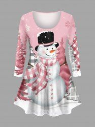 Plus Size Christmas Tree Snowman Snowflake Plaid Print T-shirt -  
