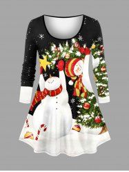 T-shirt à manches longues pour femme, grande taille, imprimé sapin de Noël, flocons de neige et bonhommes de neige. - Noir XS