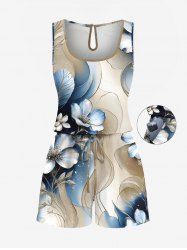 Plus Size Flower Leaf Ombre Print Hawaii Drawstring Pocket Romper -  