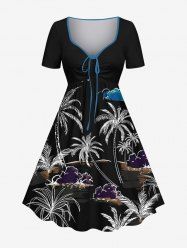 Robe hawaïenne grande taille à imprimé cocotier, nuage, lune et oiseau, cintrée - Noir 1X