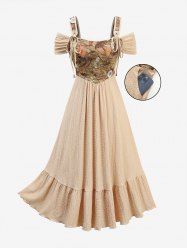 Robe grande taille à imprimé floral, bordure en dentelle, fronces, poches et épaules dénudées - Couleur du désert 1X | US 14-16