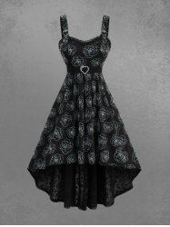 Plus Size Rose Flower Flocking High Low Asymmetric Dress with Removable Belt -  