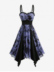 Tie Dye Flower Printed Ruched Lace Up Patchwork Handkerchief Cami Dress - Noir L