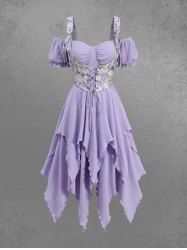 Gothic Plus Size Flower Printed Lace Up Corset Handkerchief Textured 2 in 1 Dress -  