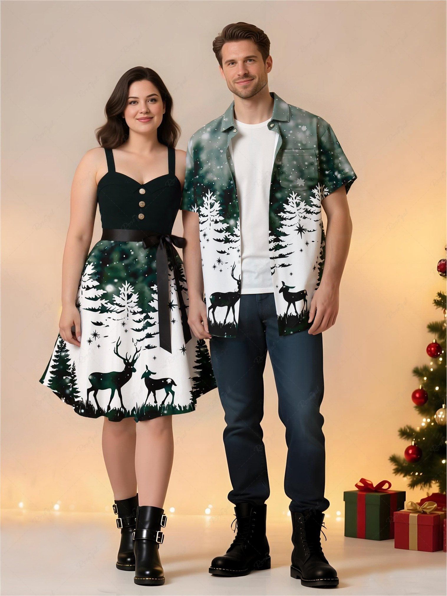 Tenue assortie grande taille pour couple, motif sapin de Noël, forêt, élan, flocon de neige Noir 