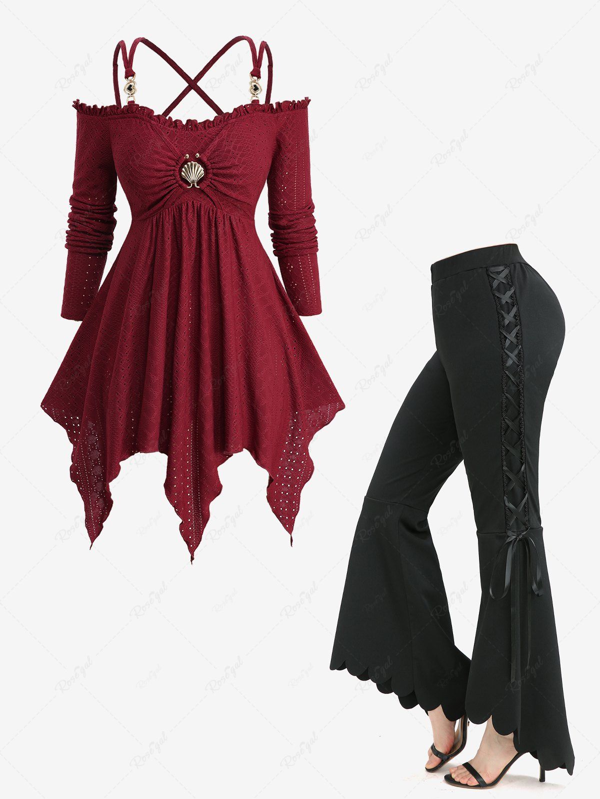 Affordable Jacquard Embroidered Crisscross Handkerchief Top and Lace Up Scalloped Hem Flare Pants Plus Size Outfit  