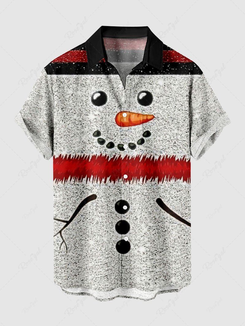 Chemise de Noël grande taille à imprimé bonhomme de neige et boutons à poches pour homme Gris Clair S