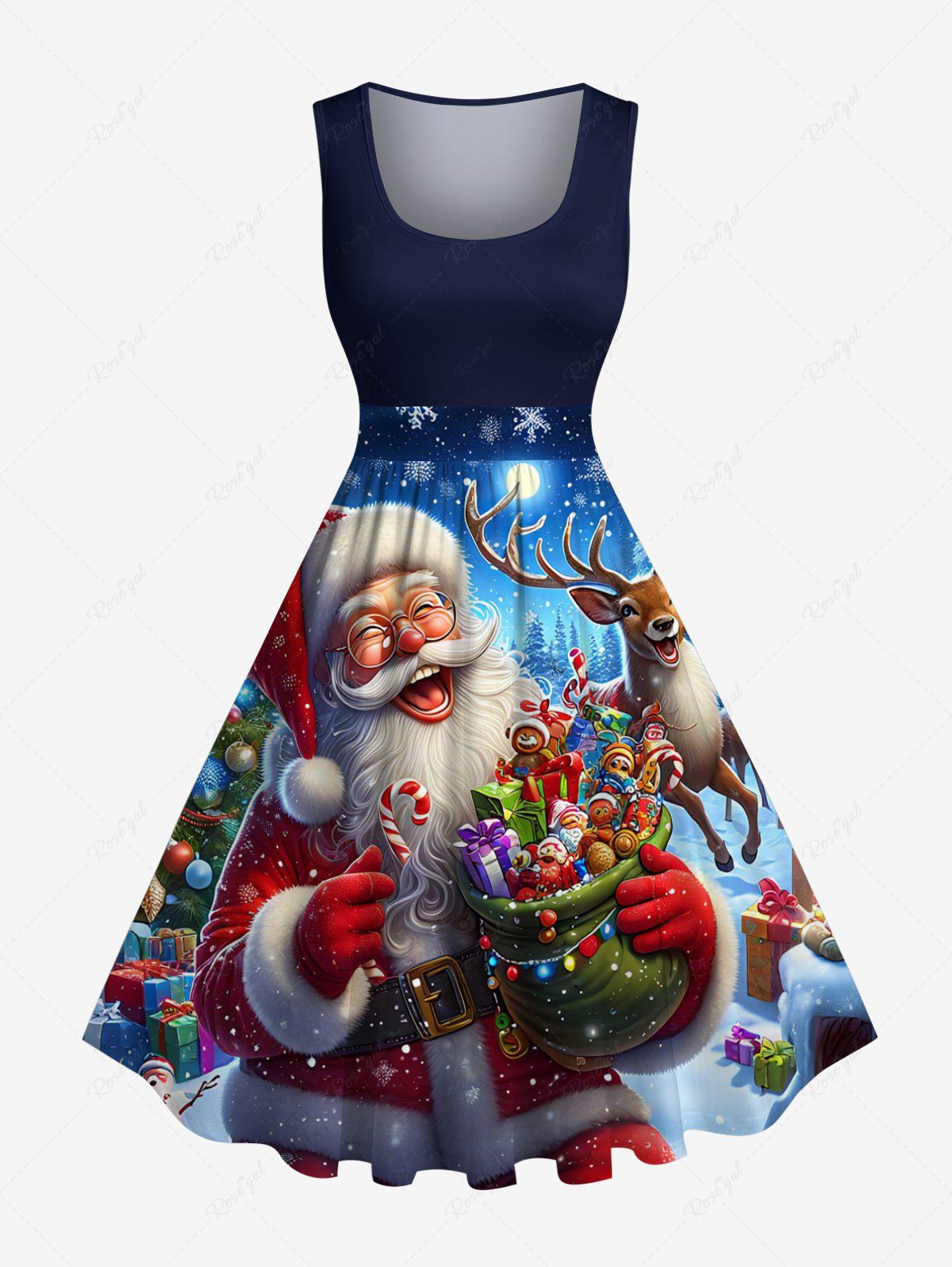 Robe vintage des années 50 à imprimé sapin de Noël, Père Noël, élan, bonbons, flocons de neige, grande taille Bleu Marine 3X