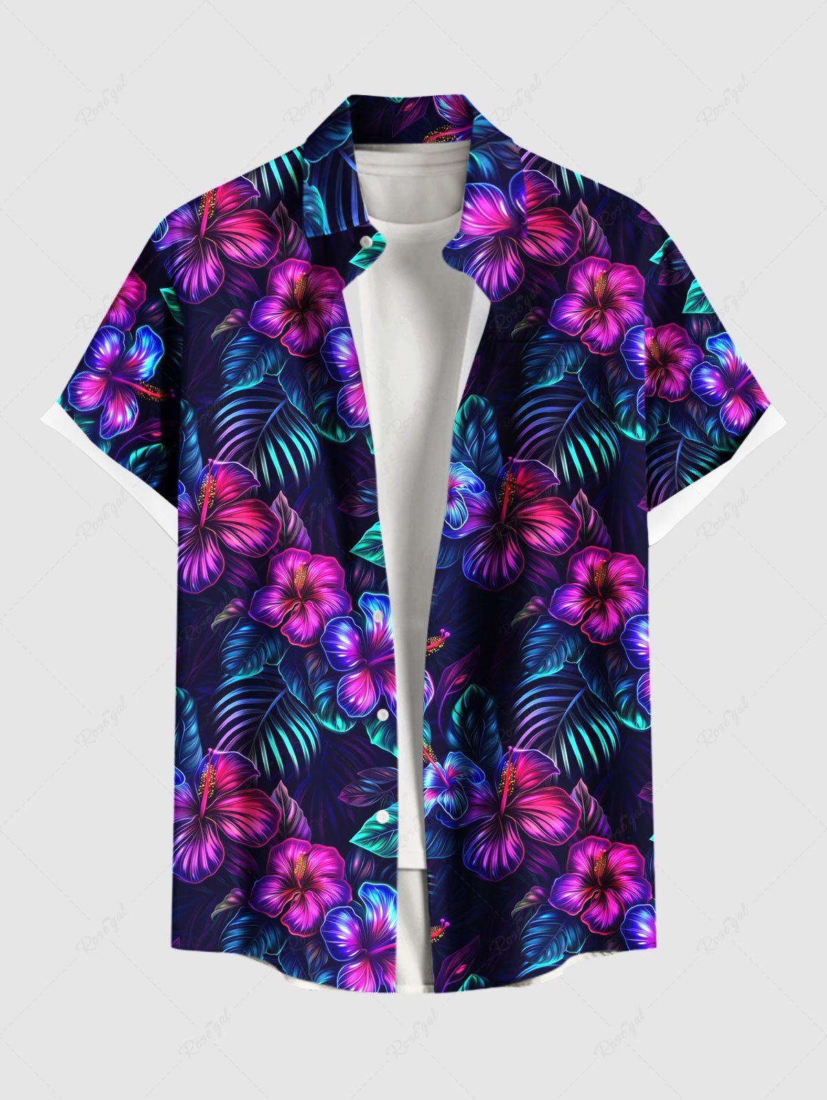 Chemise hawaïenne grande taille à imprimé tropical, fleurs d'hibiscus et feuilles, avec poches et boutons, pour homme Noir 6XL
