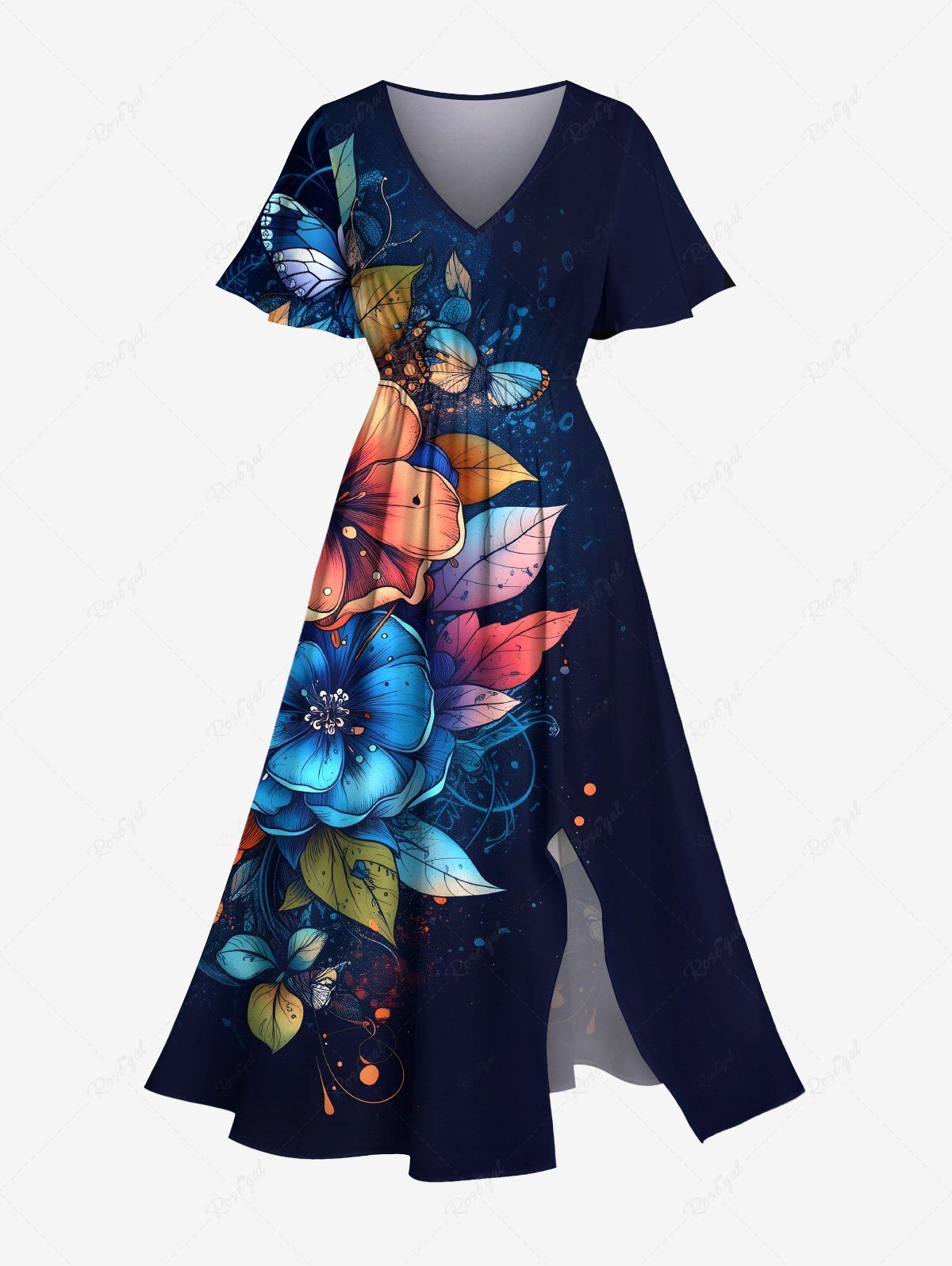 Best Plus Size Flowers Leaf Butterfly Print Split Hawaii Midi Dress  
