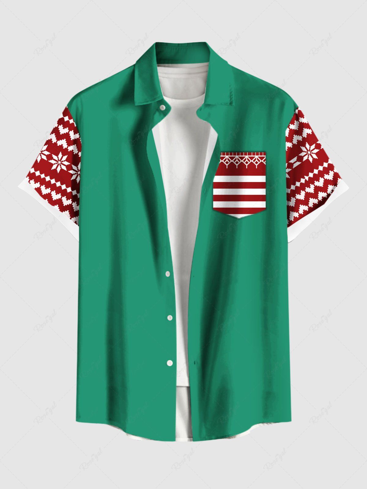 Chemise à boutons et poches à imprimé floral de Noël grande taille pour homme Vert S