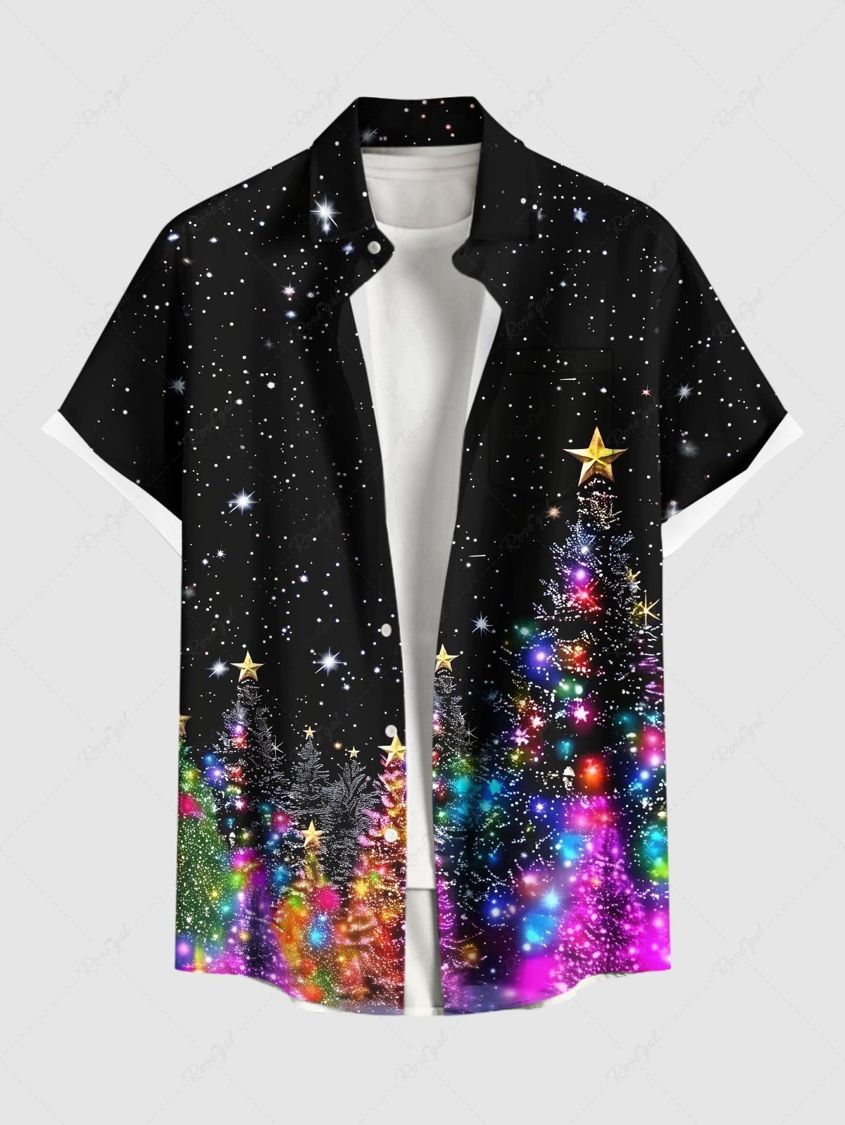 Chemise grande taille avec imprimé 3D de sapin de Noël, boules, étoiles, galaxie, paillettes, boutons et poches pour homme Noir S